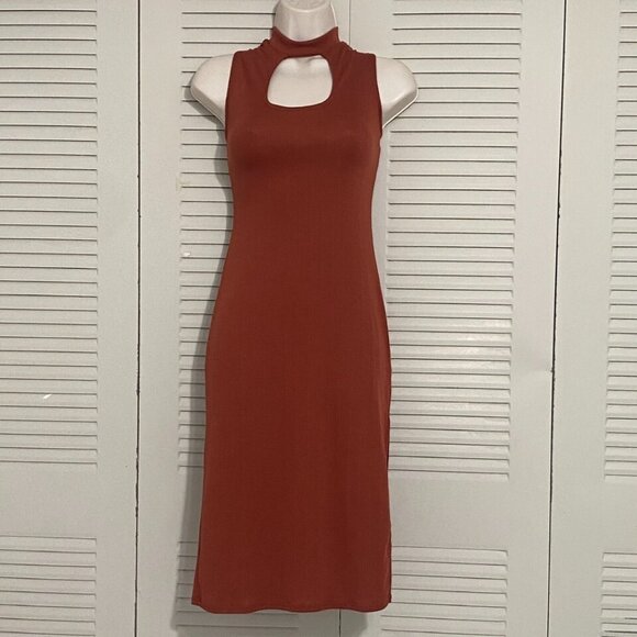 Derek Heart Rust Cutout Bodycon Midi Dress Size Small Sleeveless High Neck Sexy - Picture 2 of 7